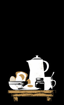 Breakfast with Coffee Pot Bread Cup and Jam Rustic Morning Food Cafe Vector Illustration Isolated on black  Background