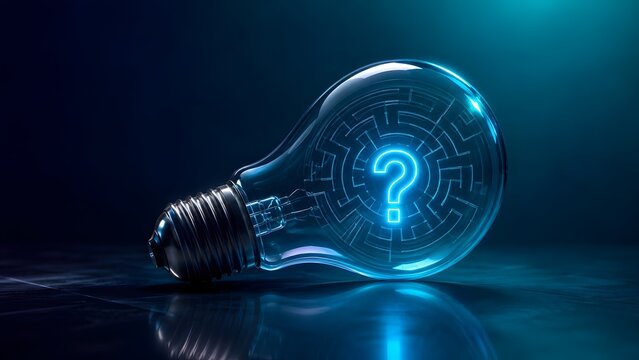 Glass lightbulb with a maze pattern and glowing question mark inside resting on a dark surface symbolizing complex problem solving and strategy