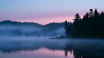 Fototapeta premium Serene mountain lake at dawn with mist and pine silhouettes