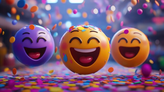 Happy laughing emojis with colorful confetti rain for World Emoji Day celebration concept.