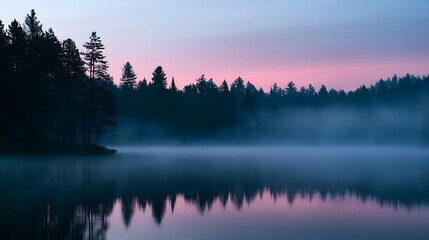 Fototapeta premium Serene mountain lake at dawn with mist and pine silhouettes