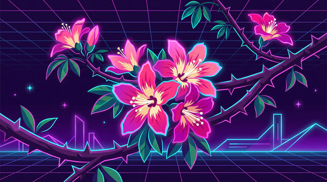 Radiant pink tropical flowers glowing against a dark synthwave grid landscape with vibrant neon light effects