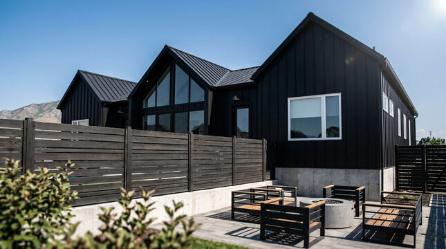 Modern black house with geometric rooflines and minimalist outdoor seating area, surrounded by landscape and clear blue sky