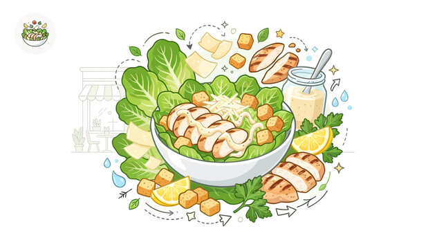 Healthy Grilled Chicken Caesar Salad Bowl with Croutons Parmesan and Dressing Vector Illustration