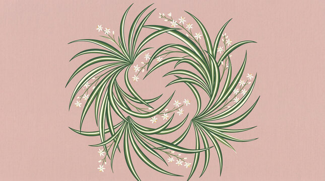 Spider plant leaves arranged in a circular mandala pattern with delicate small white blooming flowers backdrop