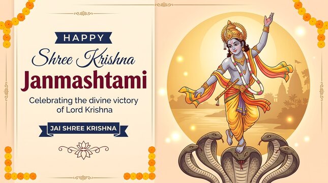 Divine lord krishna dancing on kaliya snake heads for janmashtami victory celebration backdrop.