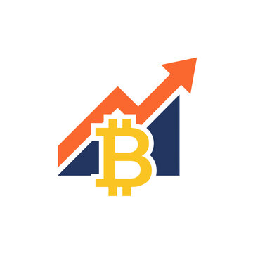 Bitcoin logo with upward crypto growth chart arrow.