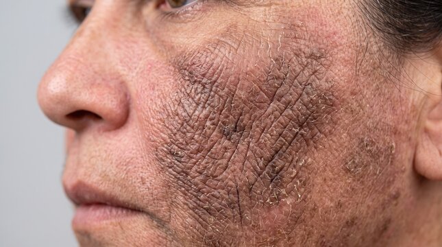 Close Up of Severe Dry Cracked Skin Ichthyosis and Deep Wrinkles on Senior Face