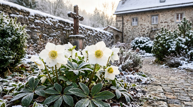 White blooming helleborus niger flowers surrounded by cold snow in a rustic garden during winter