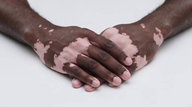 Close Up of Clasped Hands with Vitiligo Depigmentation on Dark Skin
