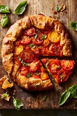 Fototapeta premium Rustic tomato galette flat lay