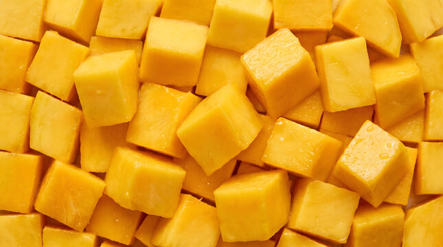 Macro close up of freshly diced ripe yellow mango cubes filling the frame, juicy tropical fruit texture and ingredient background