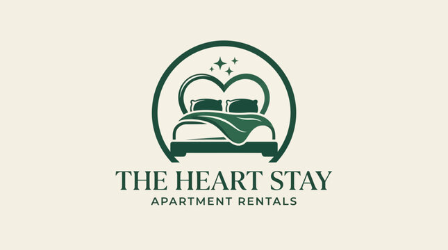 Luxury Apartment Rental Logo with Bed and Heart Icon for Hotel, Hospitality, and Staycation Branding