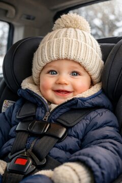 Smiling baby in warm winter hat and puffer jacket secured in a car seat for family travel portrait and seasonal baby portrait background