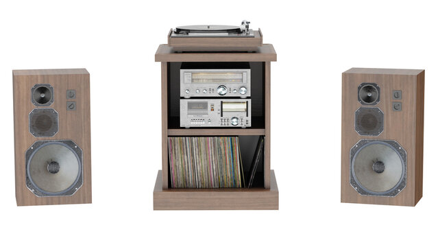 3d rendering stereo hi fi stack w speakers and turntable display