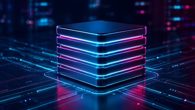 Futuristic server data stack symbolizing advanced technology, global networking, and secure digital infrastructure for the modern interconnected world.