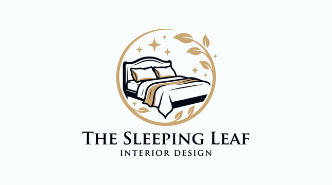 Luxury Interior Design Logo with Bed Symbol and Leaf Circle Frame for Home Decor Business Identity