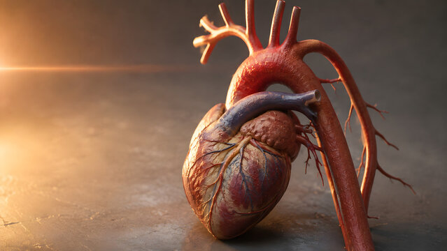 Anatomical model of the human heart showing the circulation aorta and vascular system