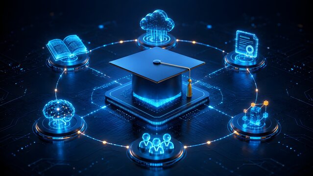 Modern digital education concept with a graduation cap at the core, illustrating interconnected elements like online learning, cloud technology, AI, and global knowledge.