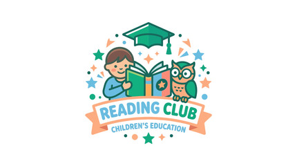 Naklejka premium Childrens Reading Club Logo featuring Boy and Owl with Graduation Cap for Education Brand Identity