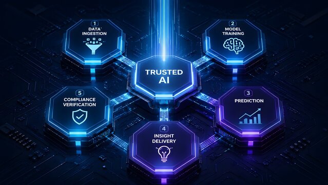 Trusted Artificial Intelligence (AI) conceptual framework illustrating a secure and ethical data-driven process from ingestion to compliance verification for future business insights.