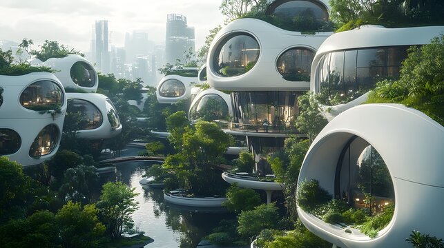 A harmonious blend of futuristic architecture and lush greenery showcases sustainable living in a technologically advanced cityscape with circular buildings nestled among trees and waterways.