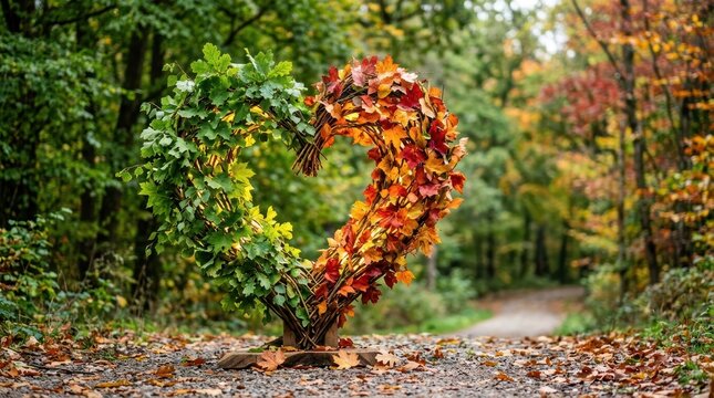 Heart shaped sculpture adorned with green and autumn leaves in a forest pathway