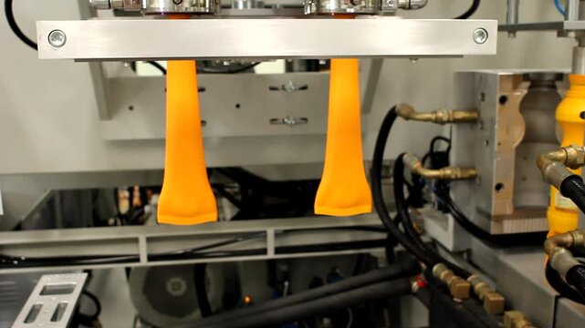 Factory production machine extruding yellow plastic parisons