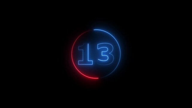 Neon 13 number mathematics text icon animation blue color text on black background. 4k video