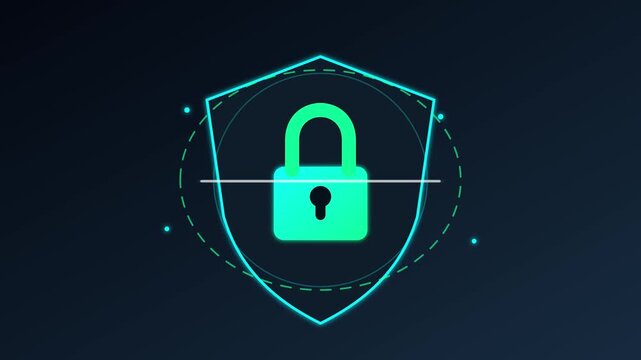 Padlock icon glows inside a protective shield symbol to represent secure digital data encryption.