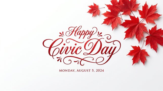 Happy Civic Day greeting card, red maple leaves on white background, elegant holiday calligraphy for Monday August 5 2024
