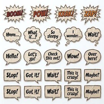 Set of comic book speech and thought bubbles with descriptive phrases and sound effects dialogue illustration collection creative communication messages elements isolated expressions