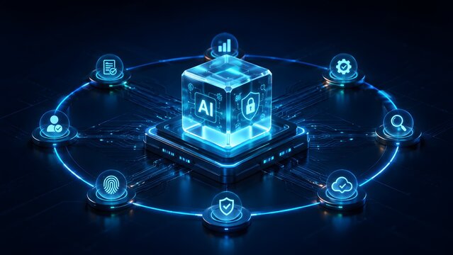 Artificial Intelligence (AI) powered ecosystem showcasing interconnected digital services and robust cybersecurity measures in a futuristic network environment.