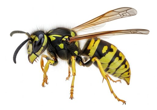 Macro photography of a common wasp yellowjacket isolated on white background, detailed insect anatomy.