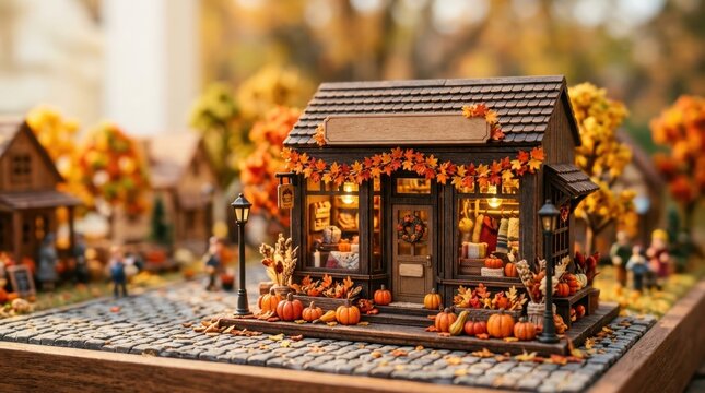 Miniature autumnal village shop adorned with pumpkins and fall foliage