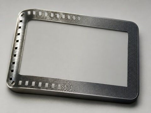 Metallic silver film frame border design with movie strip perforation details on gray background