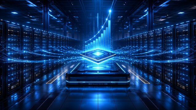 Central processing unit powering digital data streams within a futuristic server room, symbolizing exponential growth and high-performance computing infrastructure.