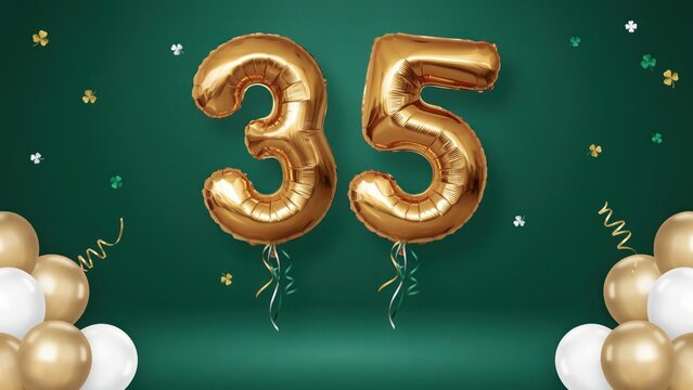 Golden number 35 foil balloons, thirty-fifth birthday celebration background, elegant emerald green party decor with confetti