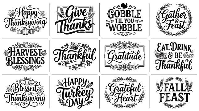 Collection of hand lettered thanksgiving phrases and fall themed quotes in a rustic vintage style