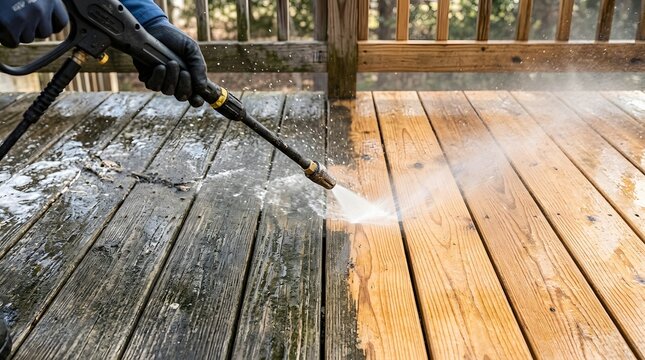 Professional pressure washing of a wooden deck as part of a home improvement project for exterior maintenance