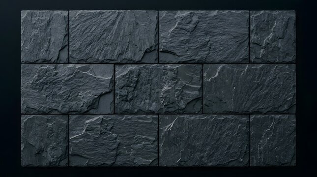 Dark grey slate stone wall tiles featuring natural jagged texture and sharp geometric edges in a clean modern architectural pattern