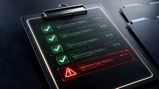 Digital compliance report on a clipboard, showing successful project completions with green checkmarks and a crucial red alert for an identified error.