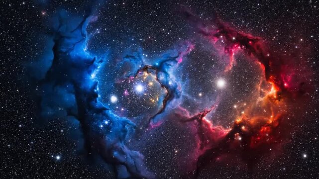 Blue and red wisps of interstellar gas and dust forming nebulae within a dense field of stars in deep space, featuring glowing stellar clusters and cosmic clouds across the frame.