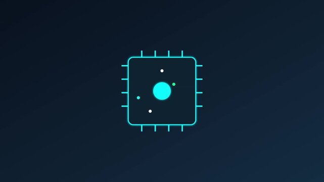 Microchip processor icon glows with digital precision on a clean dark blue professional background.