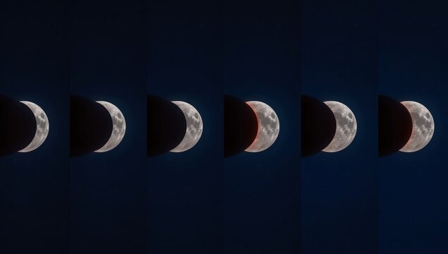 Lunar Eclipse Progression Showing Phases of the Moon Obscured by Earth's Shadow
