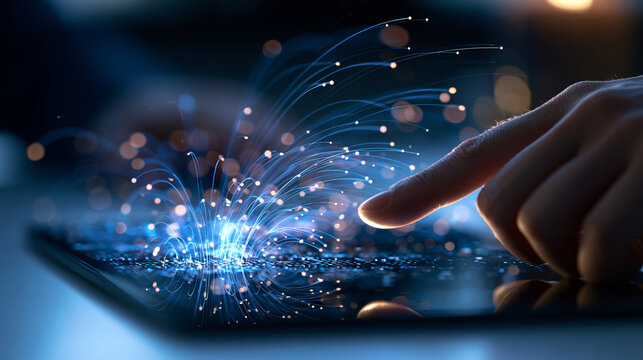 Rising lines of luminous data emerging from a bright screen toward a fingertip about to touch the surface clean pale desk crisp light trails airy composition technology
