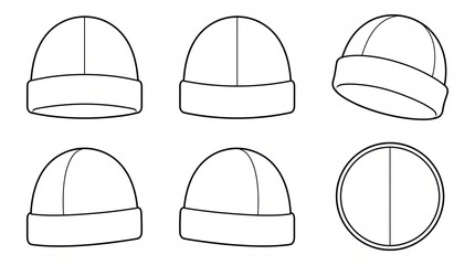 Fototapeta premium Beanie Hat Vector Technical Sketch Mockup - Set of Headwear Flat Illustration Templates from Multiple Angles