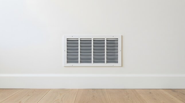 White metal air vent cover installed on a clean residential wall for a home improvement project