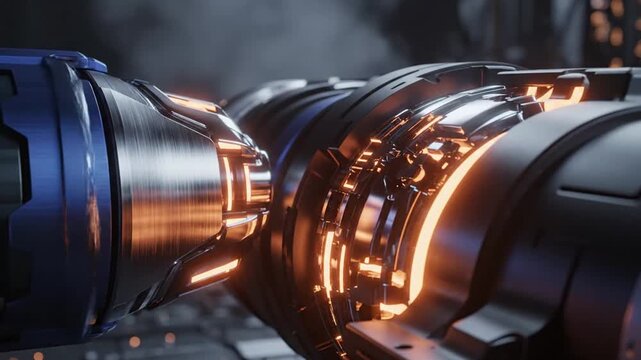 Futuristic mechanical engine components engaging with orange light and sparks.