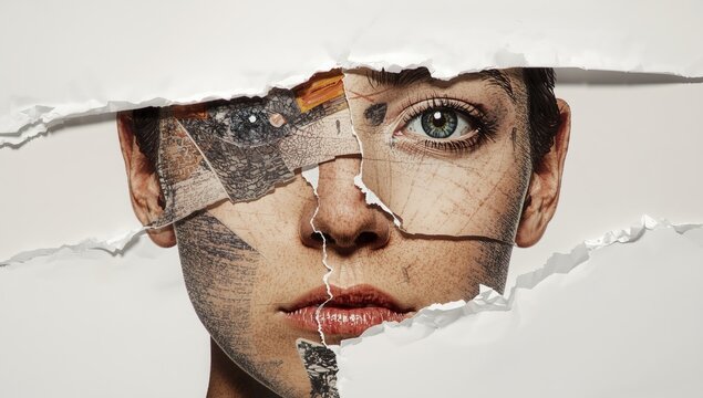 Fragmented human face revealing layers of information and texture